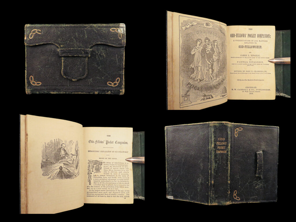 1868 masonic guide odd fellows pocket companion rites freemason skull crossbones |   the independent order of odd fellows is one of the largest and oldest fraternal organization in the us. Originally founded in england in the 18<sup>th</sup> century, american odd fellowship can trace its origins to baltimore, 1819. With lodges that resemble that of the freemasons, the odd fellows published the all-important ‘<em>pocket companion’ </em>which provides descriptions of systems of membership, rules and regulations of ceremonies, odes and hymns, and initiation expectations.   this 1868 edition is filled with countless illustrations throughout, including many bizarre symbols – the skull and crossbones is especially curious!