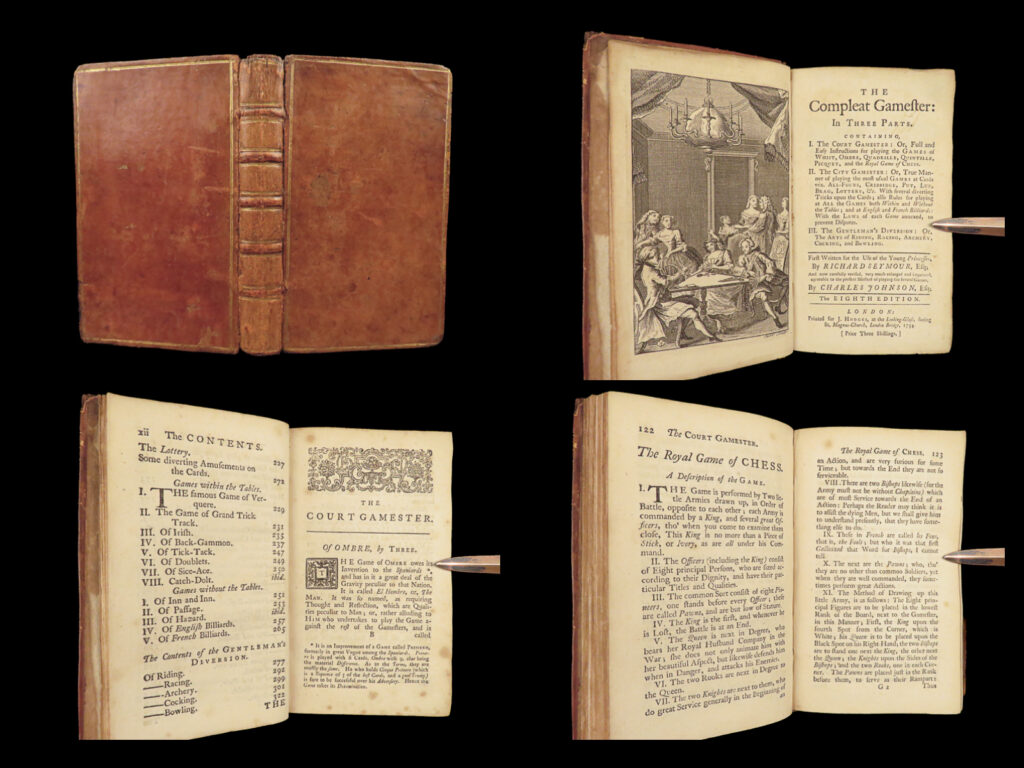 1754 games compleat gamester card games dice billiards french rev provenance |   “<em>the compleat gamester</em>” was a 17<sup>th</sup>-century games periodical, often thought to be the first sort of english games and leisure magazine. While it was originally published by an unknown collaborator, it was eventually taken over by richard seymour in the early 18<sup>th</sup>-century. Numerous card and dice games were covered in the first 1674 edition, along with billiards, board games, chess, and backgammon. Other games include whist, cribbage,  putt, ombre, and piquet.   a century later, charles johnson continued seymour’s popular printings retaining the popular section “the gentleman’s diversion” which included descriptions of archery, racing, horse riding, and bowling.   <strong>this particular example was owned by viscount francis grouvel, a general in the french empire during the french revolution and restoration. </strong>  