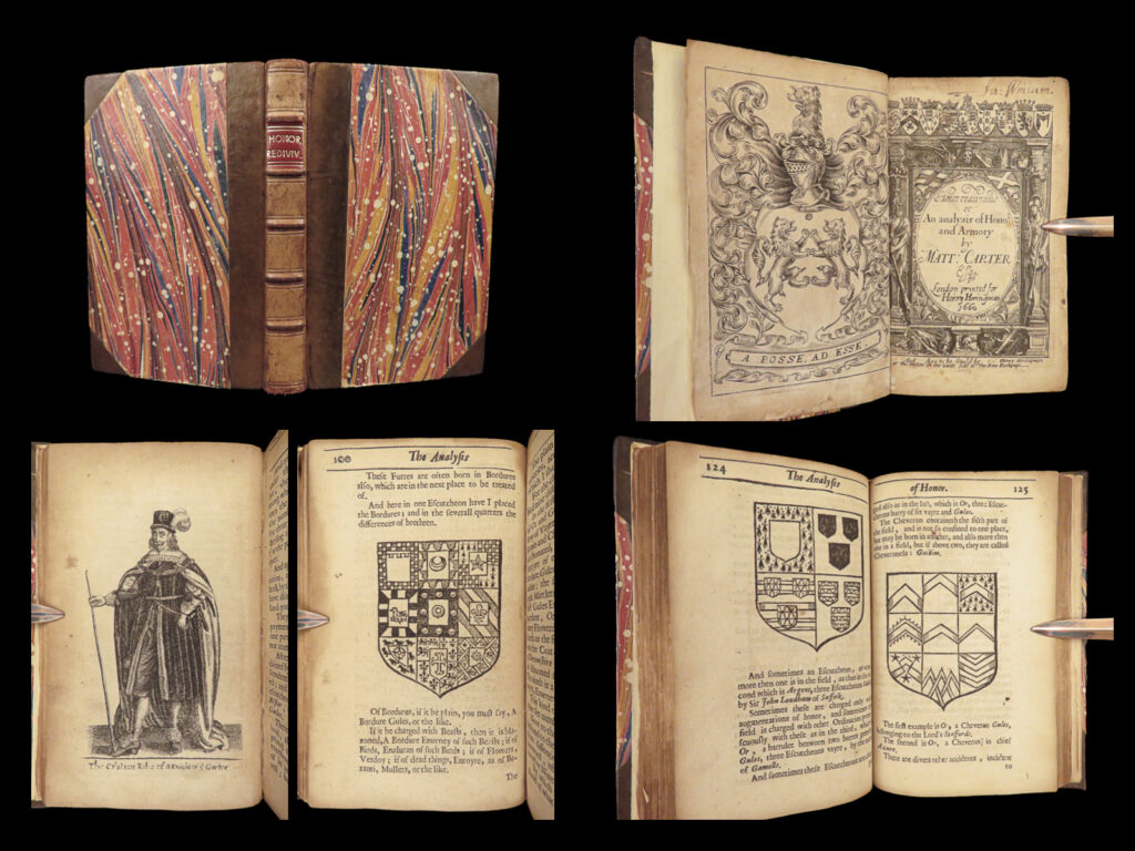 1660 heraldry honor redivivus english kings knights britain loyalist cromwell | matthew carter’s “<em>honor redivivus</em>” is a 17<sup>th</sup>-century treatise attacking the oliver cromwell parliament. Carter’s loyalist views propelled him to write this treatise which ultimately became an important study in the history of english heraldry and royals.   this 1660 edition includes impressive, full-page engravings of kings, royal robes, shields, and arms. The engraving of the knights helmets is particularly desirable!