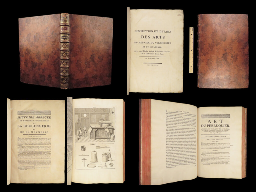 1767 arts & science baking breads cooking recipes illustrated farming millers | an exceedingly rare and desirable 18<sup>th</sup>-century arts and sciences study by the acadmie royale des sciences. This enormous tome focuses primarily on sciences relating to baking and food preparation – planting crops and farming, irrigation, details on millers and milling, vermicelli and noodle making, baking, and cooking. Also includes milling, wig-making, hat-making, and growing/processing indigo. It includes recipes and techniques for making soups, baking breads, and so much more!