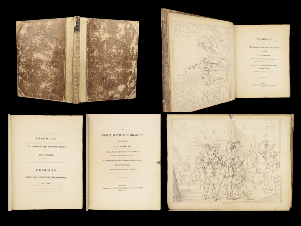 1824 friedrich schiller 1st ed fridolin fight w/ dragon retzsch illustrated 2in1 | <em>“the voice of the majority is no proof of justice. ” </em> – schiller, <em>maria stuart</em>   friedrich schiller was a prominent 18<sup>th</sup>-century german poet and playwright known for his philosophical dramas. He was greatly influenced by friend and fellow poet johann von goethe, but was well respected for his historical tragic plays such as ‘<em>don carlo’</em>, ‘<em>mary stuart’</em>, and ‘<em>william tell’</em>.   this early 19<sup>th</sup>-century printing of two of schiller’s works includes the epic poems of “<em>fridolin</em>” and “<em>fight with the dragon</em>” filled with impressive, full-page sketch illustrations from the artwork of moritz retzsch.