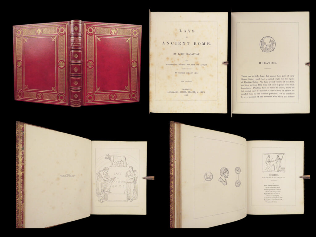 1867 exquisite macaulay lays ancient rome poetry horatius punic wars huguenots |   <em>“then out spake brave horatius,</em> <em>the captain of the gate:</em> <em>"to every man upon this earth</em> <em>death cometh soon or late. </em> <strong><em><u>and how can man die better</u></em></strong> <em>than facing fearful odds,</em> <em>for the ashes of his fathers,</em> <em>and the temples of his gods? "</em> <em>– </em>macaulay, <em>lays, </em>‘horatius’   “<em>lays of ancient rome</em>” by thomas b macaulay is a series of popular poems and heroic events in roman history, the most famous of them being ‘horatius’. The roman ballads include a brief introduction, in which macaulay sought to write poems that resembled poetry that might have been spoken in ancient rome. The stories include: <ul> <li>‘horatius’</li> <li>‘battle of lake regillus’</li> <li>‘tragedy of virginia’</li> <li>‘prophecy of capys’</li> <li>‘ivry, song of the huguenots’</li> <li>‘armada: a fragment’</li> </ul>
