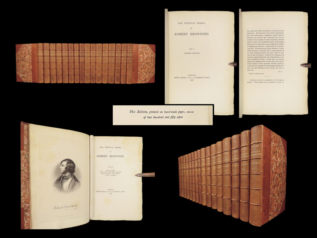 1888 exquisite poems of robert browning poetry sordello ring and book 16v set | robert browning was a 19<sup>th</sup>-century english poet known as one of the best poets of the victorian era. His portfolio of works is extensive including plays, poems, pamphlets, and dramas. Some of his most famous poems include: <ul> <li>‘pacchiarotto’</li> <li>‘the ring and the book’</li> <li>‘sordello’</li> <li>‘dramatic idylls’</li> </ul> each of these works, along with many, many others are featured in this beautiful, 16-volume edition of the poetical works of browning.