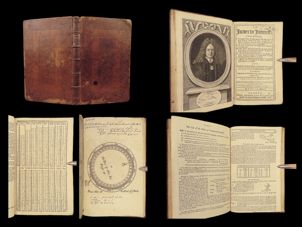 1717 economics interest commerce finance banking circle of time movable dial | edward hatton was a 19<sup>th</sup>-century english surveyor who played a significant role in the reconstruction of london following the great fire. He took a special interest in mathematics and commerce which propelled him to write “<em>an index to interest</em>” – a guide for lawyers, merchants, and bankers who needed a quick reference of interest tables. While other books with interest tables existed at this time, this particular work is unique in that hatton <strong>included a movable dial to accompany the ‘circle of time’</strong>. Hatton says it was “contriv’d as the most easy and natural way of finding the days between any two in the year”. See photos for views of this curious invention.