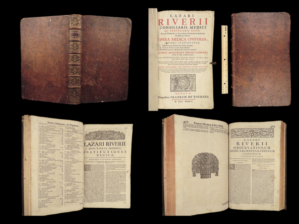 1737 medicine & surgery lazare riviere + weinhart anatomy pathology huge folio |   lazare riviere was a 17<sup>th</sup>-century french physician who is primarily remembered for his book ‘<em>institutiones medicae’</em>. This book was designed as a text for medical students covering the basics of different branches of medical sciences. This work covers physiology, anatomy, pathology, hygiene, as well as therapeutics. It should be noted that riviere was the first physician to discuss aortic stenosis in his medical research.   this 1737 edition of the works of riviere includes ‘<em>institutionum medicarum’</em> as well as his medical observations and practices.