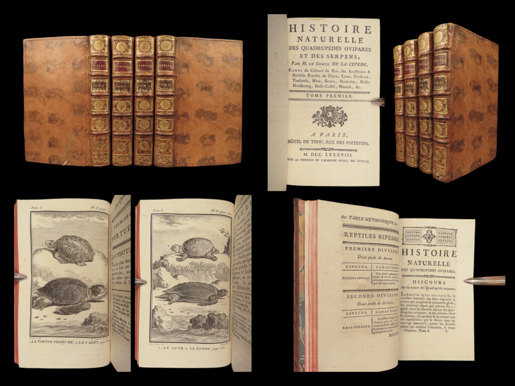1788 reptiles 1ed snakes lacepede lizards crocodiles turtles herpetology 4v set | in 1749, comte de buffon began work on “<em>histoire naturelle</em>”, an encyclopedia-style work that was known to cover all natural sciences known to the world. It was a major undertaking, and buffon required help from his colleagues in organizing and content production.   as a young learner, bernard germain de lacépède read these early volumes and was immediately interested in the sciences. As he grew, he wrote treatises that sparked the interest of buffon, who would become his friend and mentor. Eventually, his work on zoology, “<em>history of oviparity quadrupeds and snakes</em>” would become a continuation, or supplement, to buffon’s landmark work.   this fine, first edition set includes numerous full-page illustrations depicting snakes, turtles, lizards, crocodiles, and other ‘low-to-the-ground’ reptiles and amphibians. A truly remarkable set. <em> </em>  