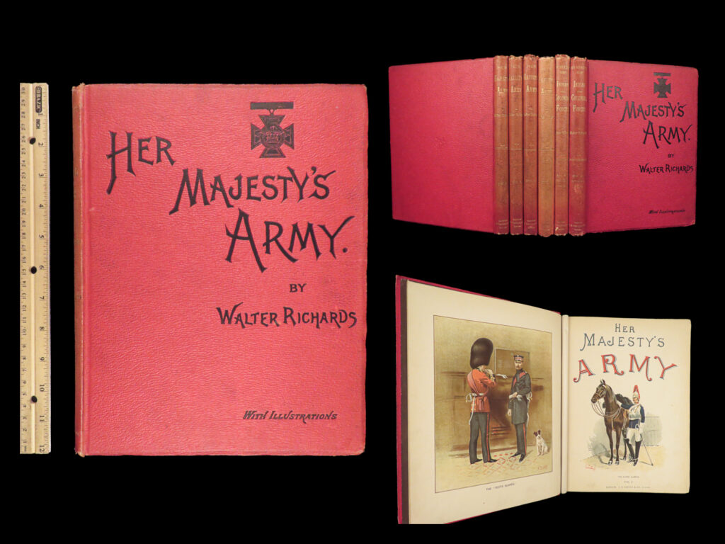 1891 great britain army monmouth rebellion french rev america indian wars 6v set | ‘her majesty’s army’ is a rare, fascinating 19<sup>th</sup>-century illustrated history of the soldiers of the british army. Written by walter richards, this work is filled with countless full-color illustrations of soldiers, battle scenes, cavalry units, and so much more. In addition to the illustrations, the books feature stories of soldier, archers, and cavalry brigades, as well as battles including <ul> <li>monmouth’s rebellion</li> <li>french revolution</li> <li>battle of waterloo</li> <li>1878 anglo-afghan war</li> </ul>   richards also includes <strong><u>descriptions of indian and colonial forces in america</u></strong> – highly popular and desirable volumes!