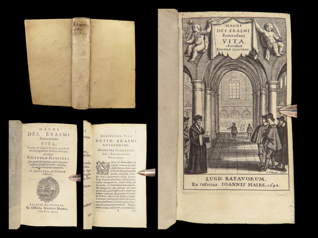 1642 erasmus of rotterdam 1ed letters beatus rhenanus & bilibaldo dutch humanism | <em>“when i have a little money, i buy books; and if i have any left, i buy food and clothes. ”</em> ― erasmus   while mostly known for involvement in the northern renaissance, erasmus of rotterdam published several works on humanism and protestant theology. Beginning in 1642, publisher joannis maire sought to publish an entire series of the works of erasmus. This work, ‘<em>vita’</em>, was the first of this series. This work and the letters therein are a reissue of the 1615 edition that was edited by the famous dutch scholar pieter schrijver. ‘<em>vita’</em> itself is a collection of smaller works including: <ul> <li>erasmus’s ‘autobiography’</li> <li>beatus rhenanus ‘biography’ of erasmus</li> <li>erasmus’s last will and testament</li> <li>a plethora of letters written by erasmus to lambertus grunnius, hector deidonanus, christophorus messia hispanus, conradus goclenius, mutianus rufus, joannes de hondt, oecolampadius, petrus vulcanius, and helius eobanus hessus. </li> </ul>    