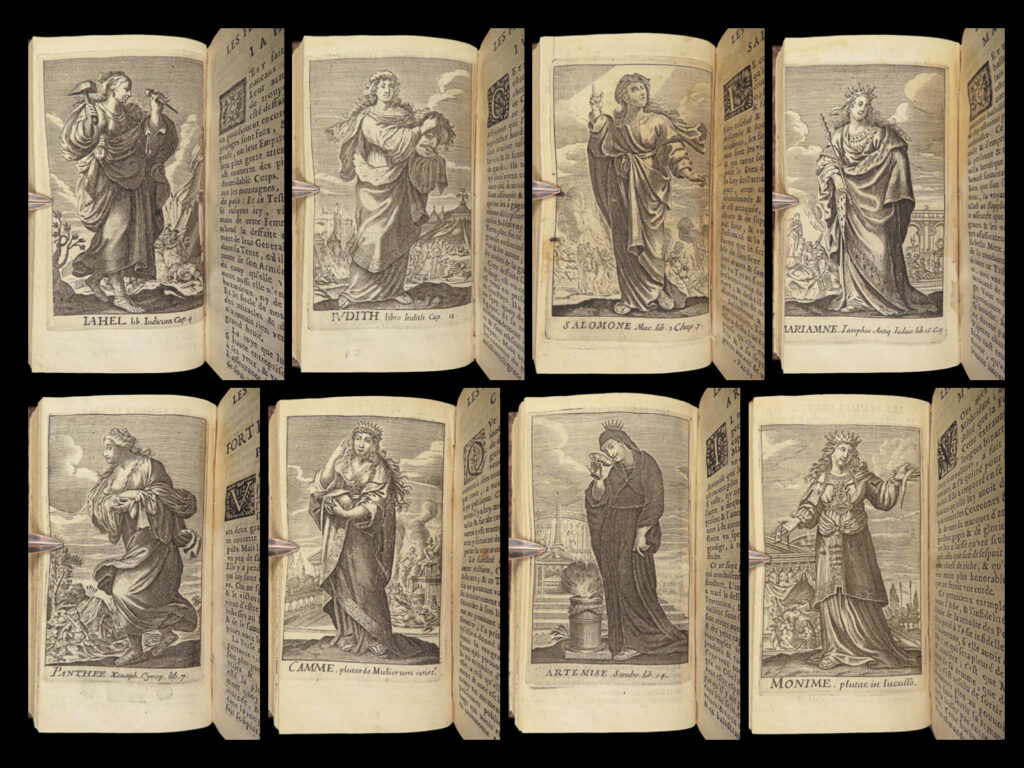 1663 famous women moyne gallery joan of arc marie stuart salome artemis rare | pierre le moyne’s ‘<em>le gallerie des femmes fortes</em>’ is a fascinating 17<sup>th</sup>-century biographical account of important historical women. Moyne discusses the role of these women and their influence on their and future cultures. Women covered in this work include: <ul> <li>zenobia, queen of palmyrene</li> <li>artemis, greek goddess</li> <li>salome, daughter of herod ii</li> <li>mariamne the hasmonean</li> <li>margaret of austria</li> <li>theodelinda, queen of lombards</li> <li>marie stuart</li> <li>joan of arc</li> <li>isabella i of castille</li> </ul>   note that this 1663 edition <strong>includes 20 full-page engraved illustrations</strong> of each woman.