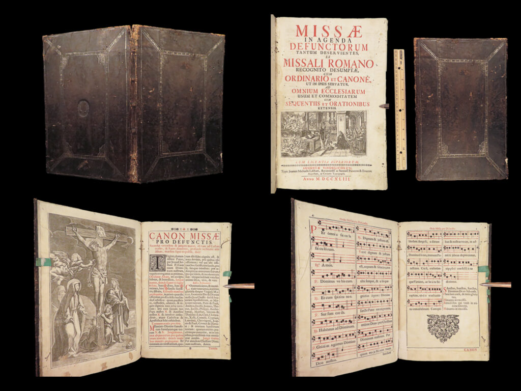1743 requiem mass rare folio missa defunctorum catholic church music chant hymns | the requiem mass, or <em>missa defunctorum</em>, is one of the most important mass ceremonies of the catholic church – a funeral ceremony celebrating the soul of the deceased filled with chants, hymns, prayers, and illustrations. This 18<sup>th</sup>-century labhart, augsburg edition contains square-note chant, hymns, prayers, and liturgies. A large folio printed in 1743.