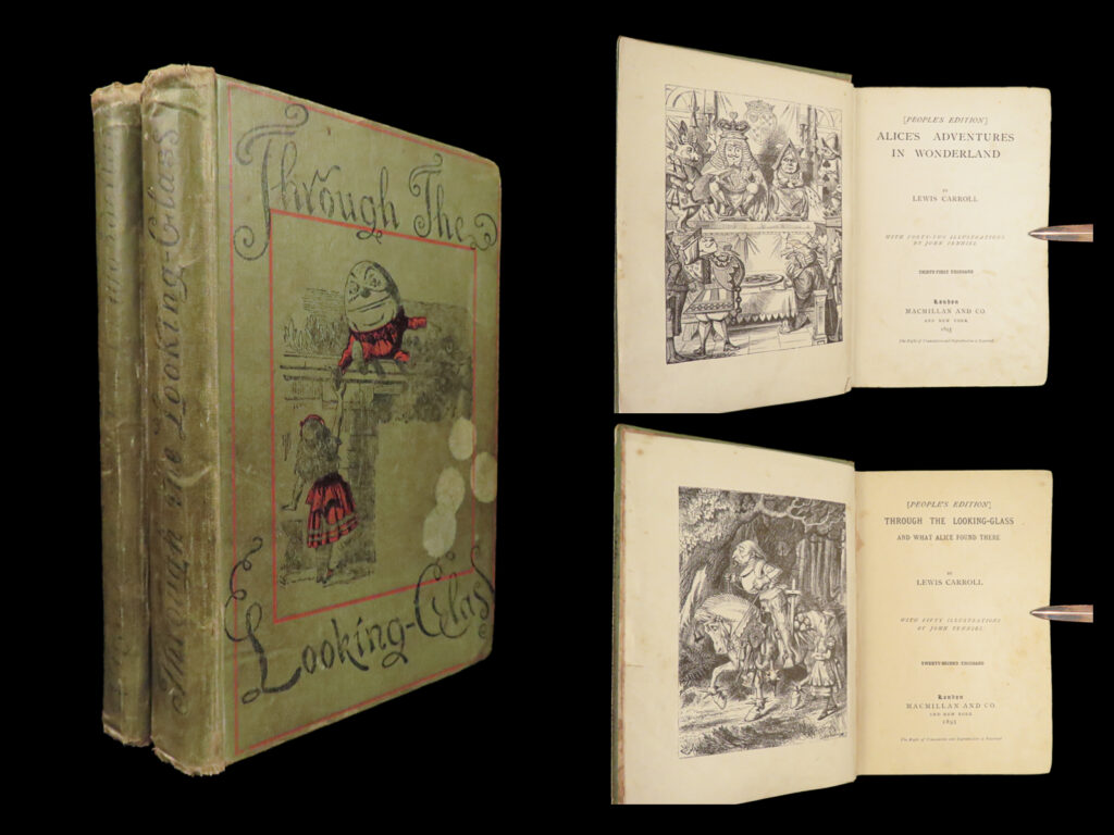 1893 alice in wonderland lewis carroll tenniel illustrated + looking glass 2v | <em>“if i had a world of my own, everything would be nonsense. Nothing would be what it is, because everything would be what it isn't. And contrary wise, what is, it wouldn't be. And what it wouldn't be, it would. You see? ” </em> <em>– </em>lewis carroll<em>, alice in wonderland</em>   lewis carroll’s landmark masterpiece, ‘<em>alice’s adventures in wonderland</em>,’ was first published in 1865. This fascinating fantasy tale of a young girl falling down a rabbit hole, is surely one of the most iconic pieces of literature for all time. It has been adapted into many different versions of film, most notably by disney in 1951.   a fine 1893 edition of “<em>alice in wonderland</em>” featuring forty-two of tenniel’s bizarre, cartoon illustrations. Tenniel’s illustrations are often considered the best of the ‘<em>alice’</em> illustrations. This early printing is scarce and highly desirable!   offered here with ‘<em>alice’</em> is the sequel to the popular story – ‘<em>through the looking glass’</em> which tenniel also illustrated.