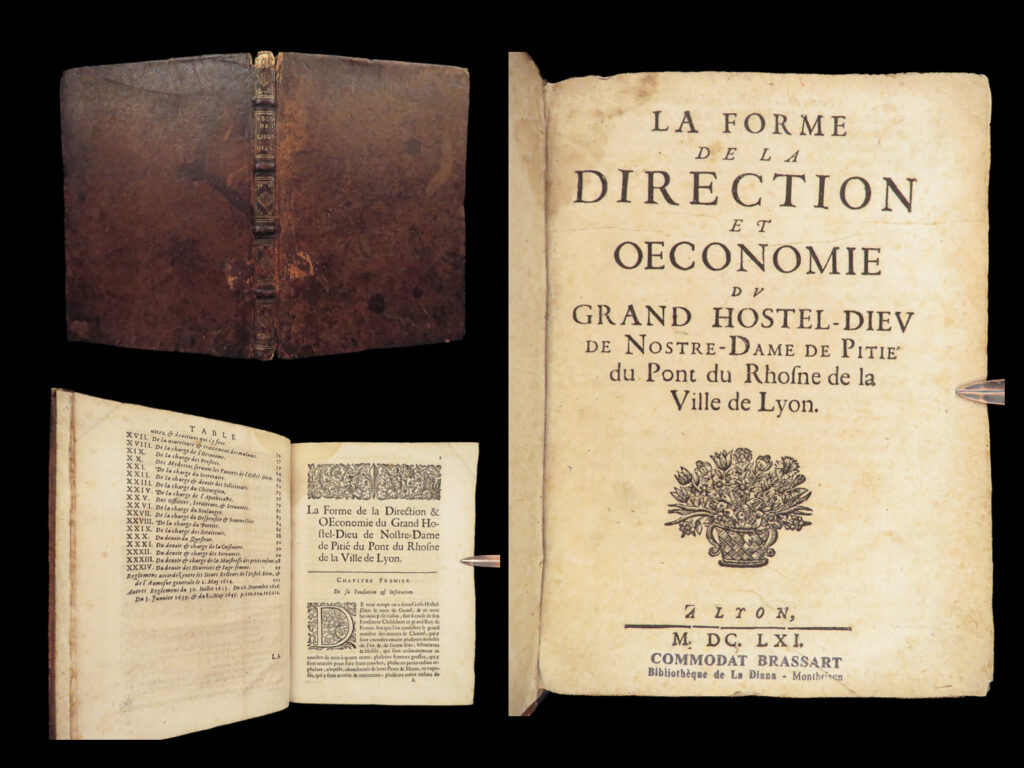 1661 medicine hotel-dieu de lyon hospital france wine economics sommelier rare | hotel dieu de lyon was a french hospital in lyon <strong>known to have been in service since the 12<sup>th</sup>-century</strong>. In the 17<sup>th</sup>-century, a director’s manual was written specifically to describe the management and economics of the hotel. It includes descriptions of the hotel sommelier, the evening devotions and solemnities, furniture and linens director, clothing for servants and patients, and even notes on the price of the meat that the hotel butcher purchases.