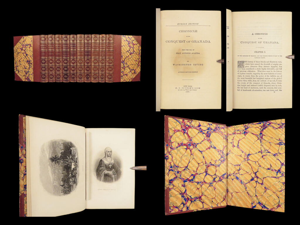 1888 washington irving works astoria new york george washington 10v fine binding | <em> </em> <em>“age is a matter of feeling, not of years. ” </em> ― washington irving   washington irving has long been considered one of the premier american short-story authors of the 19<sup>th</sup>-century. His works such as ‘<em>rip van winkle</em>’ and ‘<em>the legend of sleepy hollow</em>’ have been a staple in the fixture of american classics. Many of irving’s historical works are considered to be the best of a genre – works such as ‘<em>granada’</em> and ‘<em>george washington’</em>, both of which are included in this set of the works of irving. Works included in these volumes include: <ul> <li>‘life and letters’</li> <li>‘george washington’</li> <li>‘adventures of captain bonneville’</li> <li>‘knickerbocker’ or ‘history of new york’</li> <li>‘spanish papers’</li> <li>‘oliver goldsmith’</li> <li>‘alhambra’</li> <li>‘granada’</li> <li>miscellaneous biographies</li> </ul>