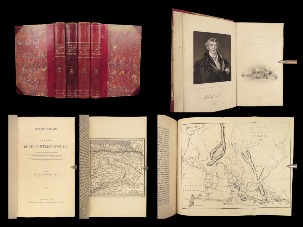 1841 duke of wellington 1ed wellesley napoleon maps napoleonic wars 4v wright |   ‘<em>life and campaigns of aruther, duke of wellington’ </em>is an illustrated account of the military victories of arthur wellesley. Known as the duke of wellington, wellesley was a prominent british military leader who played an important role in the defeat of napoleon at the battle of waterloo in 1815. This important book by g. N. Wright includes numerous exquisite engravings – battles scenes, maps, and portraits.   a stunning four-volume, first edition set!