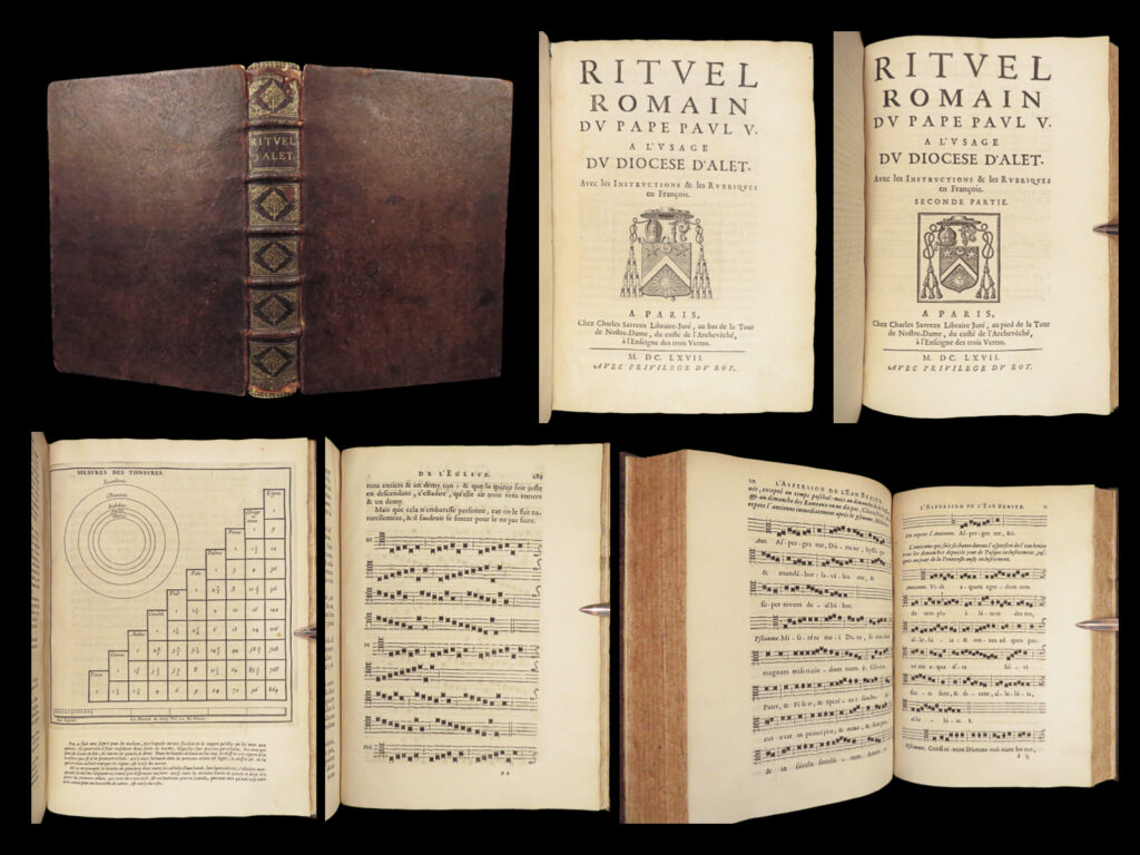 1667 catholic ritual exorcisms prayers chant excommunication diocese of alet | catholic church <strong><em>rituel romain du pape paul v a l'vsage du diocese d'alet : avec les instructions & les rubriques en françois</em></strong> paris: chez charles savreux, 1667.   a rare 17<sup>th</sup>-century catholic ‘<em>roman ritual’</em> written for the use of the diocese of alet. First established in the 14<sup>th</sup>-century, this diocese was focused in southern france and disbanded with the french revolution. This catholic manual includes instruction on orders of deacons, acolytes, priests, and even <strong><u>exorcists</u></strong>! It also covers direction for prayers and the divine office, the sacraments, on excommunication, ministering to the sick and elderly, and so much more. Note the inclusion of many pages of chant.