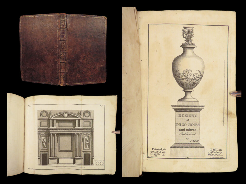 1743 architecture english inigo jones illustrated art columns chimneys ware | inigo jones was a 17<sup>th</sup>-century english architect known for his contributions to rules of symmetry in building construction and design. Engravings of his architectural designs proved to be some of the best of their kind, rivaling those of italian masters palladio and vignola.   this 1743 english edition of jones and other architects was published by isaac ware and includes 53 full-page and folding engravings of english architecture. The views in this book depict vases, domes, columns, fireplaces and chimney pieces, obelisks, gardens and garden seats, alcoves, ceiling molding, and so much more.