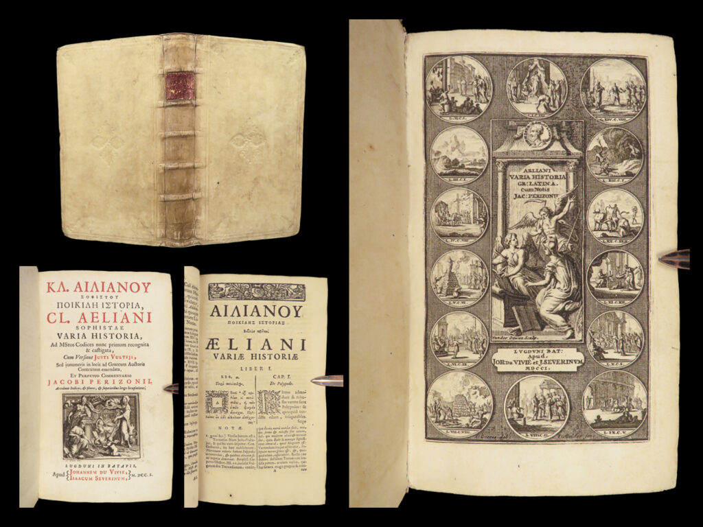 1701 claudius aelianus varia historia greco-roman history greek mythology latin | claudius aelianus was a 2<sup>nd</sup>-century roman orator known for his lessons in greek and works that describe greco-roman lifestyle and worldviews. Only two of his works have survived, one being ‘<em>varia historia’</em> – a collection of anecdotes, maxims, biographical sketches, and reports of natural wonders. Aelianus describes mythological heroes, living rulers and caesars, olympic athletes, religious beliefs, funeral customs, greek art, fishing techniques, serpent and animal worship, styles of dress and costumes, and the lives of greek and roman playwrights.   <em>‘varia historia’</em> is generally considered to be a 3<sup>rd</sup>-century work, even though the first edition was not printed until 1545. This 1701 edition was published in leiden with greek and latin texts, including justus vultejus’s translation.