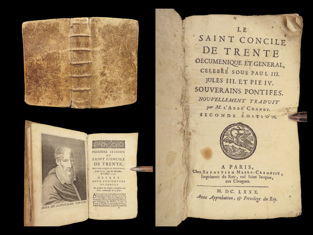 1680 council of trent catholic church popes paul iii canon law chanut paris | martial chanut’s treatise on the council of trent was an important work of chanut’s attempts at bringing understanding to europe’s confusion on protestant reforms. He does so by providing details on the major sessions of the council of trent. This second edition, published in 1680, features three portrait engravings of popes paul iii, julius iii, and pius iv.  