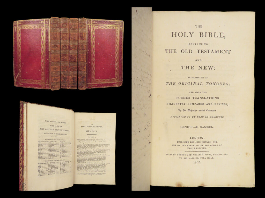 1802 holy bible reeves kjv english king james 4v ruscombe poole family somerset |   a rare, early 19<sup>th</sup>-century holy bible. Published in 1802 london, this edition contains old and new testaments in four fine volumes. Note the beautiful, moroccan red leather binding.   provenance note: the first volume of this set includes numerous, handwritten pages on the joseph ruscombe poole family written around 1815. Poole was an english solicitor from somerset.