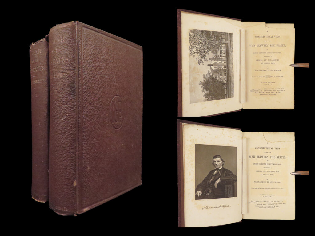 1868 confederate csa law 1st ed constitutional view alexander stephens civil war | <em> </em> <u>commentary on the united states constitution by the confederate vice president! </u> <em> </em> often considered the companion volume to jefferson davis’s ‘<em>rise and fall of the confederate government</em>’, alexander hamilton stephens’s ‘<em>a constitutional view of the late war’</em> is “the most elaborate and best argument for the constitutional validity of the doctrine of state sovereignty and the right of secession. ” (howes). Stephens heavily emphasizes the importance of state’s rights based on the articles of confederation and the united states constitution and that “it was devised for the states, by the states. ” (eicher). He claims throughout this work that the debaters who disagreed with him were mistaken in their facts; however, eicher notes that upon close inspection, stephens himself was incorrect on many of his beliefs toward the american governmental systems.   stephens’s views and loyalties changed throughout the civil war. Originally serving as vice president to the confederate president jefferson davis, stephens began to oppose many of davis’s war efforts. Eventually, stephens found himself back in the united states congress in 1873 following the success of this work. <em> </em>