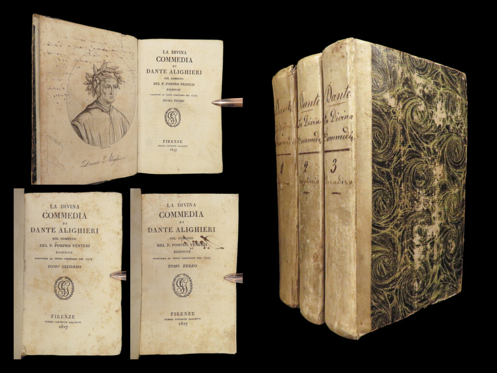 1827 dante divine comedy commedia inferno purgatory paradise florence italian 3v | <em> </em> <em>“abandon all hope, ye who enter here. ”  </em> ― dante alighieri,<em> the divine comedy</em>   dante’s “<em>divine comedy</em>” is one of the most important and long-lasting works for literature. It is dante’s record of an allegorical journey through the spiritual realms of hell, purgatory, and paradise. This medieval classic depicts classical themes, christian history, and medieval politics. It has been the inspiration for countless plays, art, books, pieces of music, movies, and more!   this fine 1829 edition was translated and edited by pompeo venturi.