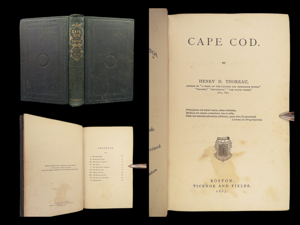 1865 henry david thoreau true 1st/1st cape cod philosophy transcendentalism |   henry david thoreau was a famous american author known for his works such as ‘<em>walden’</em> and ‘<em>the maine woods’</em>. One of his other popular works was ‘<em>cape cod’</em> – an interesting retelling of thoreau’s excursions to the shores of cape cod, witnessing shipwrecks, plants and animals, fishermen, lighthouses, and much more.   this highly desirable and impressive 1865 first edition was published in boston by ticknor and fields. On the spine of this edition, thoreau is noted as being the author of ‘<em>walden’</em> and ‘<em>a week on concord river’</em>.  