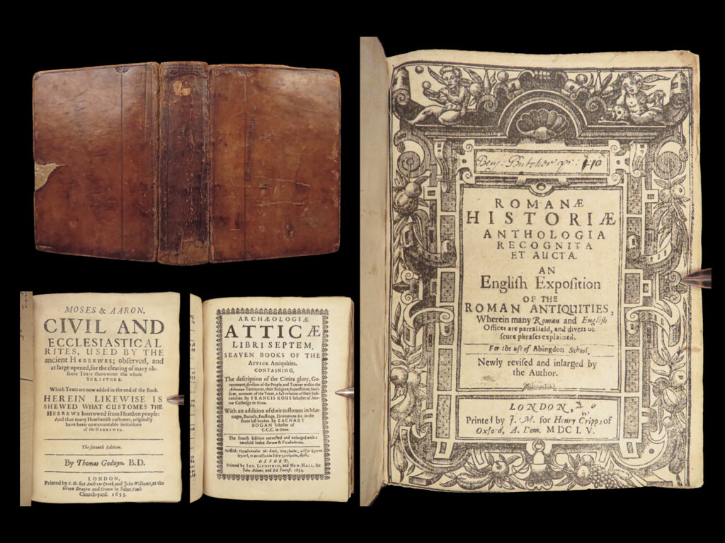 1655 rome antiquities english godwyn moses & aaron + greek atticae archaeology | thomas godwyn was a 17<sup>th</sup>-century english historian who’s “<em>antiquities of rome</em>” was one of the best works of roman history. First published in 1614, “<em>romae antiquae notitia</em>” describes the divisions of the roman people, the roles of roman priests, the roman military, soldiers, and legions, the treatment of roman captives, and much more!   this 1655 printing of the works of godwyn includes not only his “<em>antiquities of rome</em>”, but also his books “<em>moses and aaron, civil and ecclesiastical rites” </em>and<em> “archaeologiae atticae</em>” – works on history of hebrew and greek religion, traditions, rites, and customs.