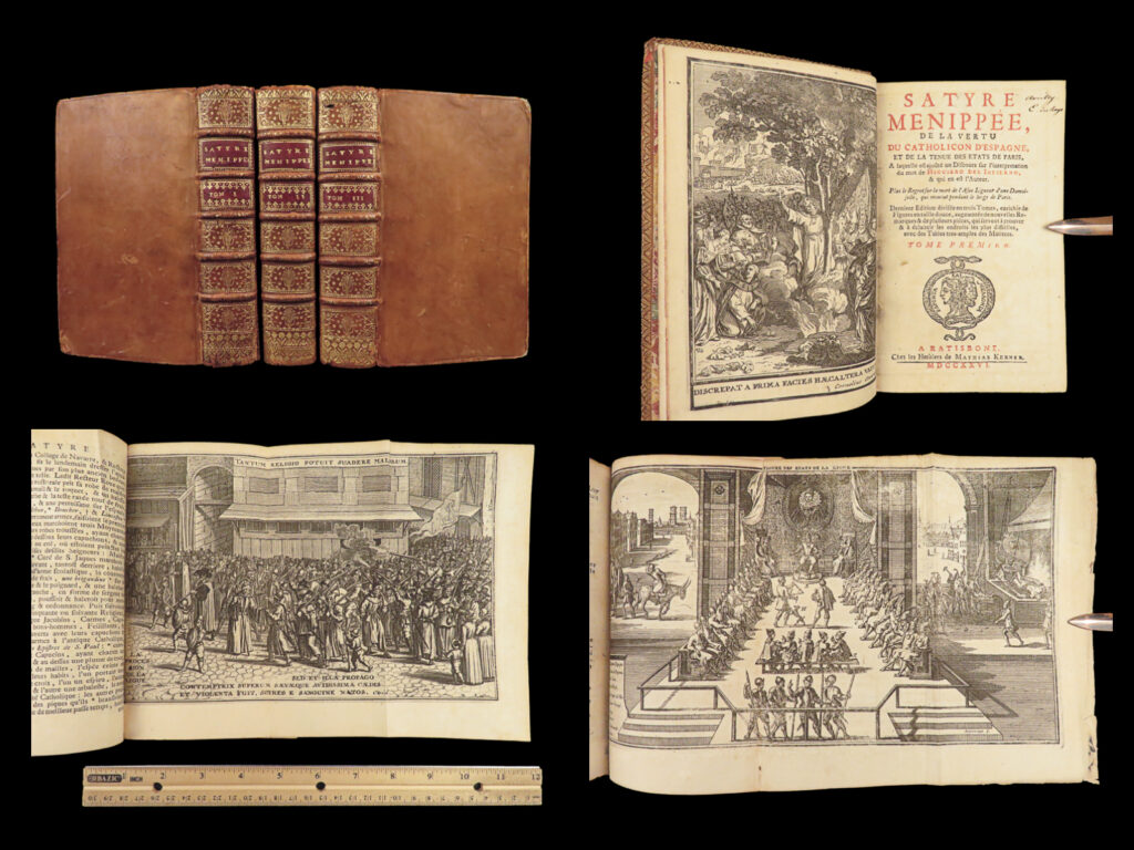 1726 wars of religion menippean satire catholic league spain france elzevier 3v | a rare edition of <em>the menippee satire</em> – a political work of prose and satire which criticized the catholic league and spain during the french religious wars. This fine printing features a beautiful and detailed engraving of the catholic league procession. This book of prose and verse was collected by numerous authors including jacques gillot, florent chrestien, nicolas rapin, pierre le roy, jean passerat, gilles durant, and others.   this edition, addressed to kerner in brussels (ratisbonne) actually comes from the presses of foppens, which is attached to the elzevier collection. This 1726 three-volume edition includes the catholic league processional engraving.