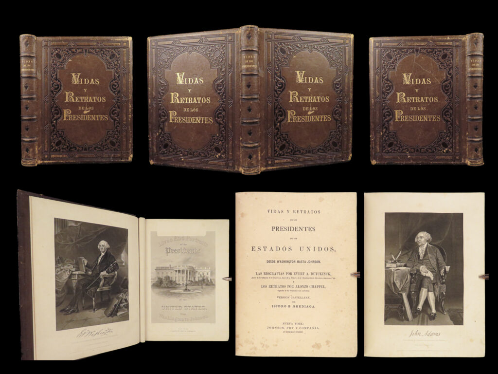 1867 us presidents 1ed portraits chappel america spanish castilian rare folio |   evert duyckinck’s “<em>lives and portraits of the presidents of the united states” </em>was a 19<sup>th</sup>-century history of the american presidents filled with impressive engravings from illustrator alonzo chappel. Chappel’s artwork was seen in books throughout the second half of the 19<sup>th</sup>-century. Chappel and duyckinck published this account during the andrew johnson administration.   this particular edition was translated into spanish (or castilian) by isidro grediaga, still published in new york by johnson and fry, the same company responsible for the english printing.