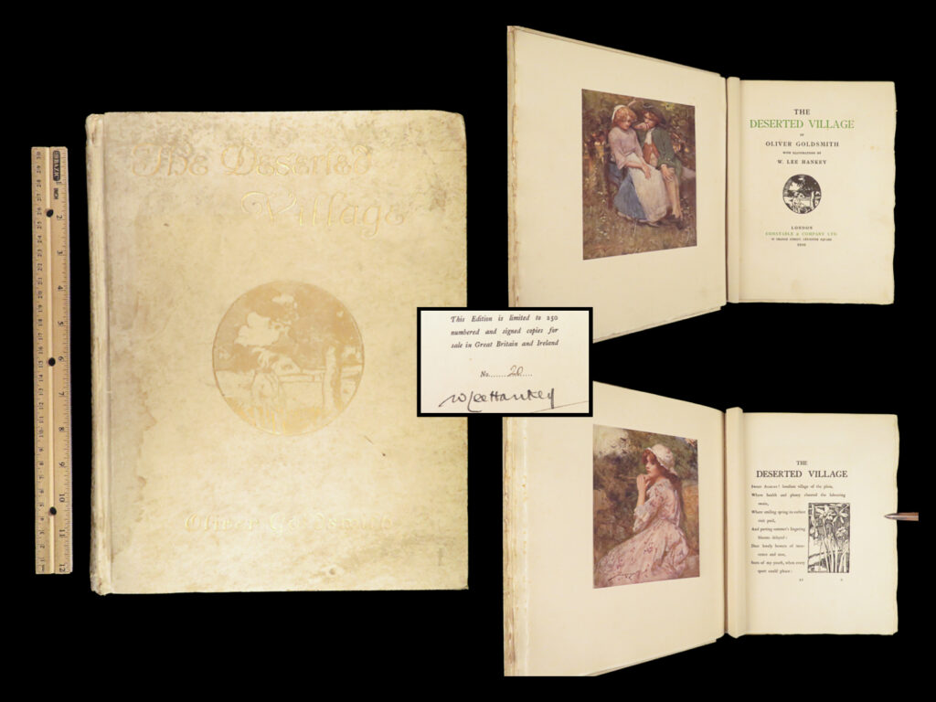 1909 oliver goldsmith deserted village america hankey signed ltd ed art vellum | <em>“i love everything that is old; old friends, old times, old manners, old books, old wines. ”</em> <em>― </em>oliver goldsmith<em>, the vicar of wakefield </em> <em> </em> a fine, decorative 20<sup>th</sup>-century illustrated printing of ‘<em>the deserted village’</em> by oliver goldsmith. First published in 1770, this epic poem was written to bring awareness to the decline of rural america by describing the corruption and greed found in larger towns. Goldsmith comments on wealth disparity, was critical of industrialization, and reflects on the changing times in late 18<sup>th</sup>-century america.   this work is from a very limited print run. This particular example is numbered no. 20 of 250 numbered copies and is notable for the impressive illustrations by w. Lee hankey, whose signature appears on the edition page.