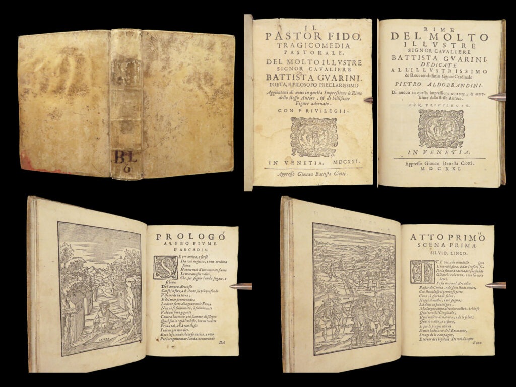 1621 pastor fido guarini italian pastoral arcadia faithful shepherd illustrated | battista guarini was a 16<sup>th</sup>-century italian poet most known for his work ‘<em>il pastor fido</em>. ’ first published in 1590, ‘<em>il pastor fido</em>,’ or ‘<em>the faithful shepherd</em>,’ is a tragicomedy set in arcadia written with pastoral themes. This 1621 italian edition was published in venice and features impressive, woodcut engravings, as well as new added ‘rhymes’.