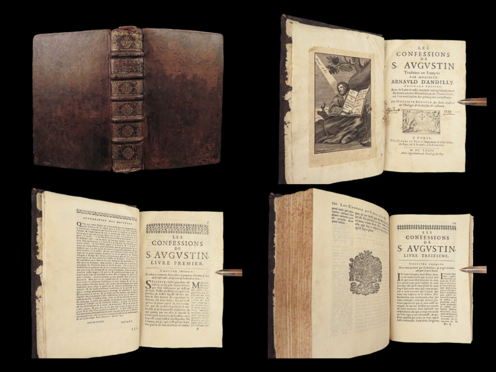 1676 confessions of saint augustine catholic doctrine predestination philosophy |   augustine of hippo was a 5<sup>th</sup>-century early christian church philosopher and theologian. While most known for his work ‘<em>city of god’</em>, he also wrote many other treatises on aspects of the christian faith. His stance on free will vs. Predestination and fatalism was supported by and still is supported by, the catholic church, as his teachings on free will are consistent with modern doctrine.   one of augustine’s most important works was ‘<em>confessions’</em> – collection of shorter treatises that were autobiographical in nature. In fact, because of this, it is often considered <strong><u>the very first western autobiography ever written</u></strong>.   this 17<sup>th</sup>-century french edition was translated and edited by robert arnauld d’andilly.