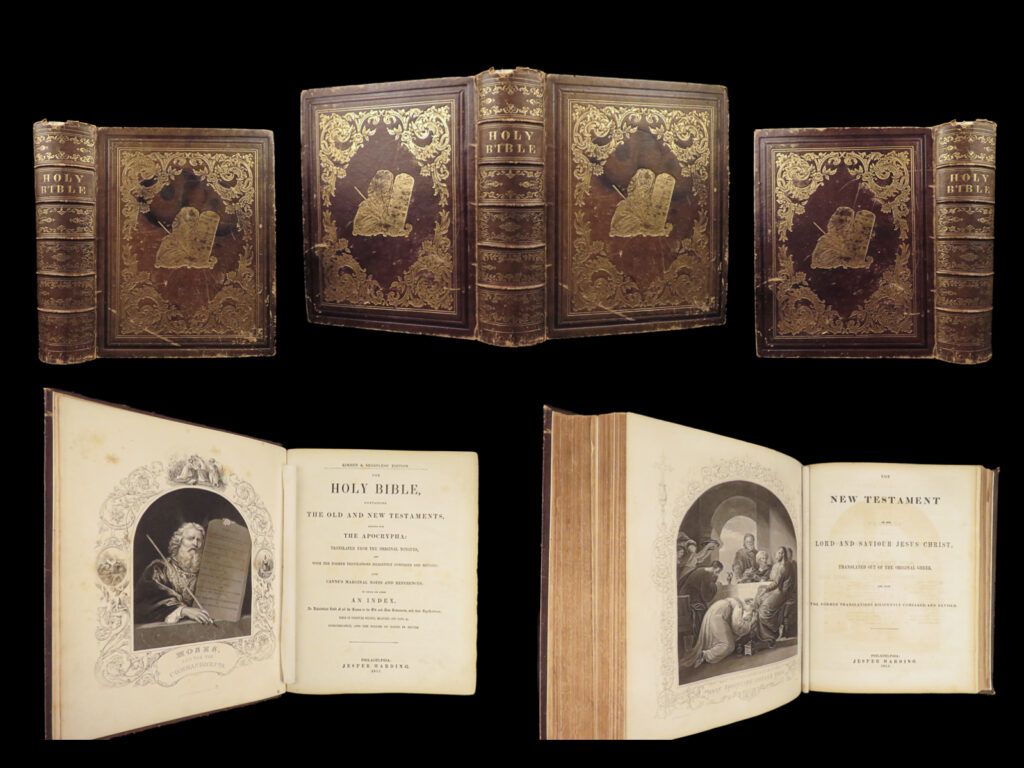 1857 exquisite holy bible king james illustrated rare apocrypha concordance | a rare mid-19<sup>th</sup>-century american family holy bible complete with the old and new testaments along with the apocrypha. This edition was published in philadelphia by harding and features a full concordance and index within the decorative gold-gilt leather cover. The front board features a gold-stamp of moses holding the ten commandments.