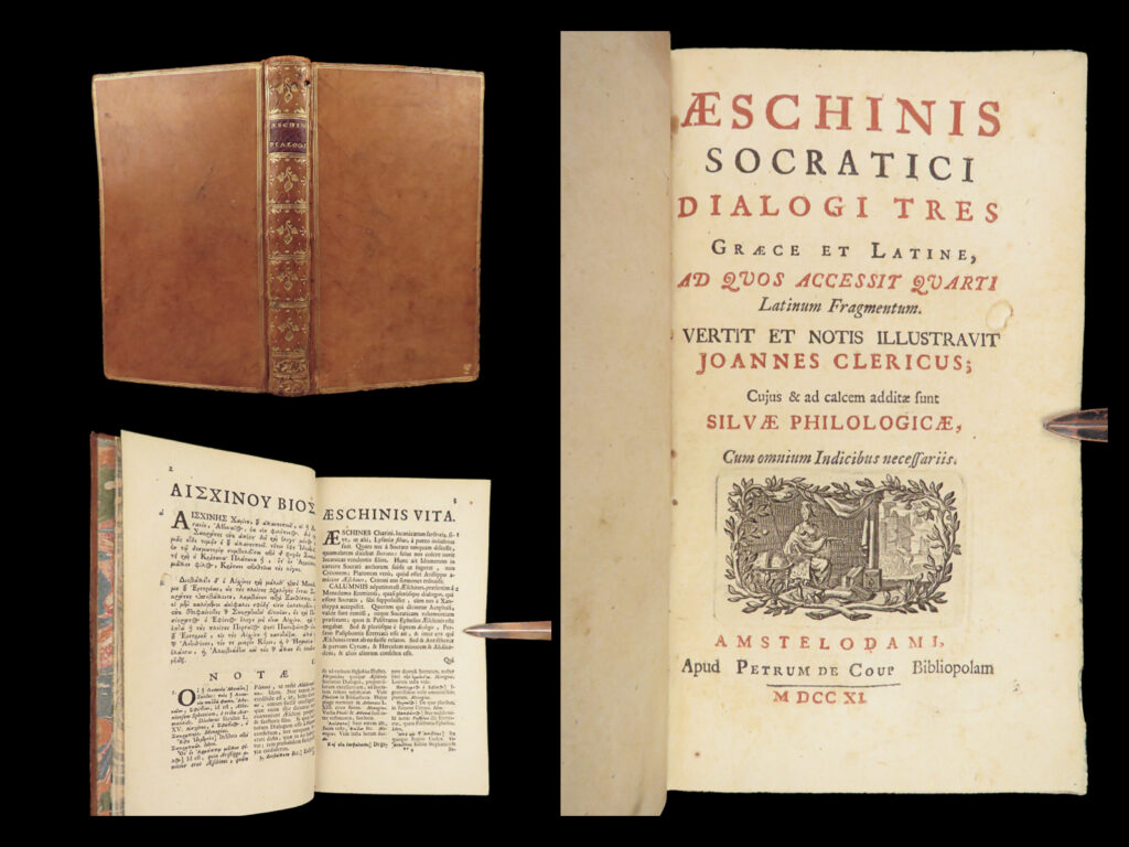 1711 greek dialogues 1ed aeschines socraticus plato socrates philosophy latin | aeschines of sphettus, better known as aeschines socraticus, was a 4<sup>th</sup>-century bc greek philosopher, known for following and studying with socrates. In fact, following socrates’s execution, aeschines wrote a series of dialogues in which he denotes socrates as the protagonist. These dialogues, which only survived in fragments, are known to be, stylistically, some of the best socratic dialogues after those of plato.   this 1711 edition was collected and edited by john le clerc, published in amsterdam. It also includes both the original greek and latin translation in parallel.