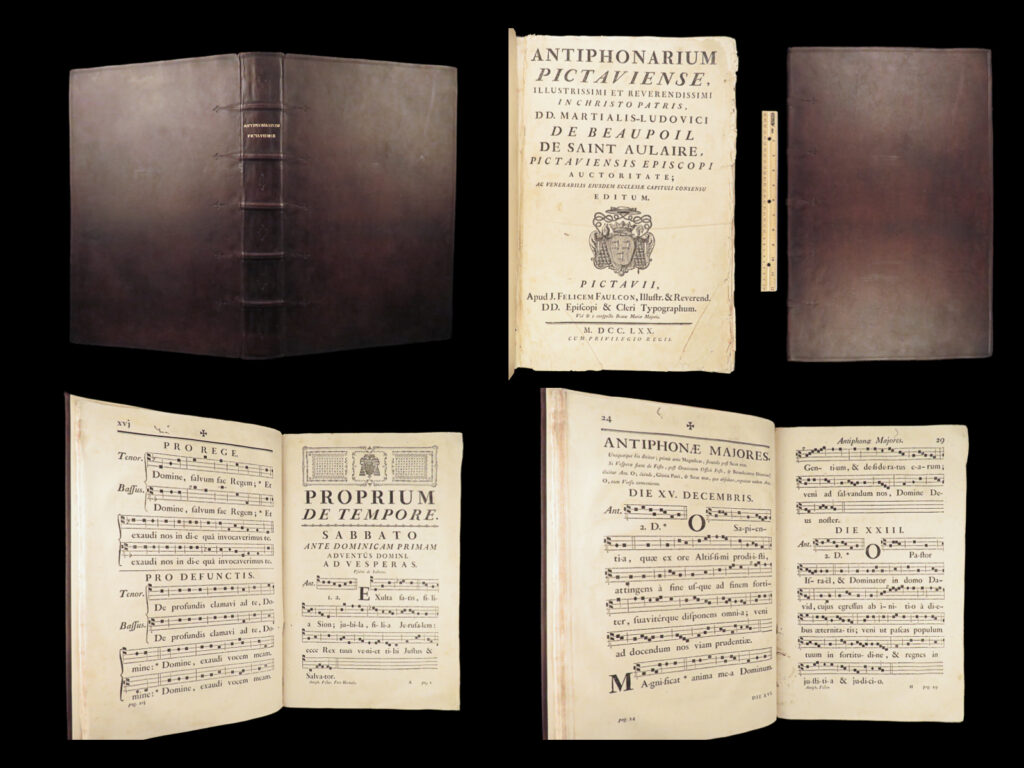 1770 enormous catholic antiphonal chant antiphonarium pictaviense poitiers folio | an absolutely enormous 18<sup>th</sup>-century printing of catholic antiphonal chants. “<em>antiphonarium pictaviense</em>” is a 1770 collection of chants and catholic liturgies used in the archdiocese of poitiers, france. This particular example is a huge elephant folio filled with music!  