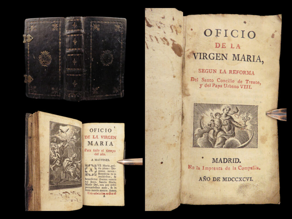 1796 madrid indulgences catholic spanish prayers charles v pope pius v spain | a rare 18<sup>th</sup>-century spanish catholic liturgy! This edition of “<em>office of the holy virgin</em>” was published in madrid and features liturgical texts and prayers for holy days, hymns and psalms, daily prayer time, and the functions of the mass. However, unlike other similar printings of “<em>offices</em>”, this 1796 edition contains descriptions of the <strong><u>indulgences granted by pope pius v</u></strong> as well as <u>prayers that emperor charles v prays in the morning</u>!