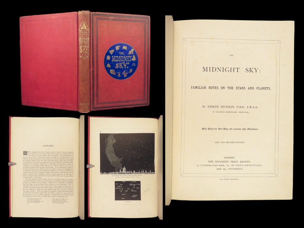 1879 astronomy midnight sky charts star maps zodiac planets constellations |   edwin dunkin was a 19<sup>th</sup>-century astronomer known for his studies in magnetic and meteorological findings. He published numerous works on stars and other heavenly bodies, including “<em>the midnight sky</em>” – a treatise on the location of stars and constellations for each month in the northern and southern skies. First published in 1869, ‘<em>the midnight sky’</em> describes the solar system, the sun, moon, and planets, meteors and shooting stars, the motion and magnitude of the planets and stars, and even the signs of the zodiac!   the impressive, full-page illustrations found in this revised edition are truly remarkable!