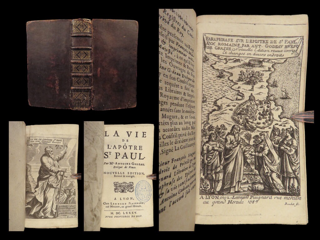 1685 life of apostle paul epistles romans bishop antoine godeau bible commentary | antoine godeau was a 17<sup>th</sup>-century french bishop and bible commentator. Godeau’s “<em>life of the apostle paul</em>” – one of his lesser-known works – first appeared in 1647 and proved to be an excellent source not only one the life of paul himself, but on the new testament epistles. This 1685 edition contains godeau’s commentary on the book of romans, complete with a separate, engraved title page.  