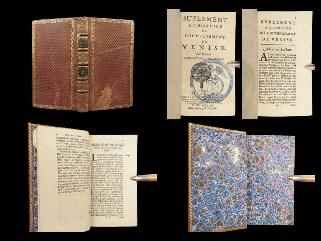 1677 venice 1ed government & political criticism amelot houssaye bastille paris | “<em>history of the government of venice</em>” is a rare, 17<sup>th</sup>-century treatise on the court of the republic of venice. Author abraham amelot de la houssaye served as a french delegate to the court of venice and was exposed to the history and daily proceedings of venetian government.   though while the work was initially approved by the venetian government, following its 1676 release, it was vehemently attacked and protested, <strong>causing houssaye to be imprisoned in the bastille for his political criticism</strong>. The book was heavily censored and edited, and much of the content was suppressed for all subsequent editions, including this supplement to the 1677 paris edition.
