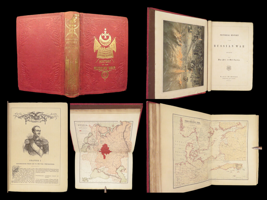 1858 crimean war 1st ed sebastopol imperial russia ottoman turkey crimea maps |   a scarce first edition printing of the finely illustrated, important historical account of the crimean war entitled, ‘<em>pictorial history of the russian war</em>. ’ dodd and chambers’ work features impressive illustrations depicting aspects of the war that include fascinating lithographic double-page maps.   this work details the alliances and powers in turkey, naval operations of both the ottoman and russian military, life in sebastopol and scutari during the war, various battles such as the siege of sebastopol, and the effects the peace discussions in vienna had on the war.  