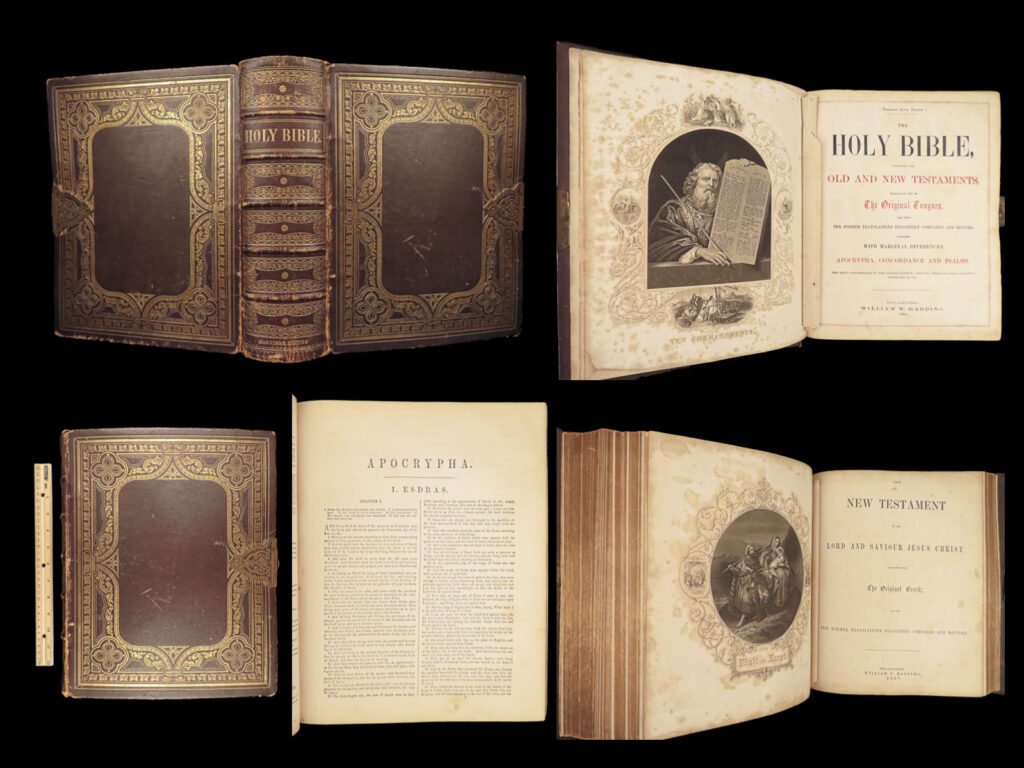 1868 beautiful holy bible harding potter family king james kjv rare folio art | a rare mid-19<sup>th</sup>-century american family holy bible complete with the old and new testaments along with the apocrypha. This edition was published in philadelphia by harding and features impressive full-page engravings. This 1868 edition is bound in fine, decorative leather with fine, full-page engravings. An enormous family bible!