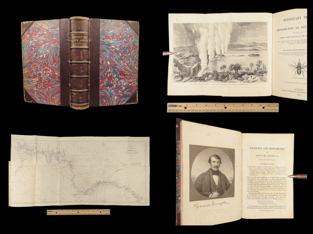 1857 africa 1ed david livingstone missionary travels illustrated map angola rare | <em>“if you have men who will only come if they know there is a good road, i don't want them. I want men who will come if there is no road at all. ”</em> ― david livingstone <em> </em> a rare 1857 edition of david livingstone’s “<em>missionary travels</em>”. In this book, livingstone describes his travel and work as a missionary to the indigenous people in central and south africa. Through the mid-19th-century, south africa was completely unknown to europeans, thus livingstone’s mission brought light to more than just spreading the gospel. The work deals with customs, languages, animal and plant biology, geology, topography, and mineralogy in africa.   according to pmm, “the geographical results of his journeys were of supreme importance and made it possible to fill in great stretches of the maps of central africa which hitherto had been blank. ” (<em>printing and mind of man</em> 341)   livingstone discovered the zambesi river and victoria falls, which he named. He also explored parts of angola and mozambique and met with and observed the hottentot. He was also able to discover some of the most devastating instances of slave trade which propelled his abolitionist ideals.  