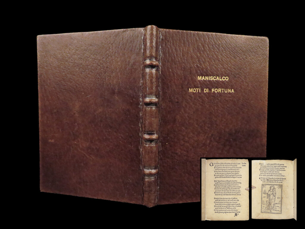 1518 italian renaissance poetry 1ed comedia de fortuna siena humanism trinci | mariano trinci was a 16<sup>th</sup>-century italian humanist author known for his dramatic poetry focusing on themes of love, loss, greed, and chastity. One of his best known works was “<em>comedia de’ moti fortuna</em>” – a poem following the adventures of a princess who faces countless challenges including being kidnapped, lost in a forest, and overcoming advances from a hermit.   this book, along with many others from this era, followed the popular renaissance themes of seeking and finding fortune. It was first published in 1518 in siena and florence and was met with incredible success and popularity throughout italy.