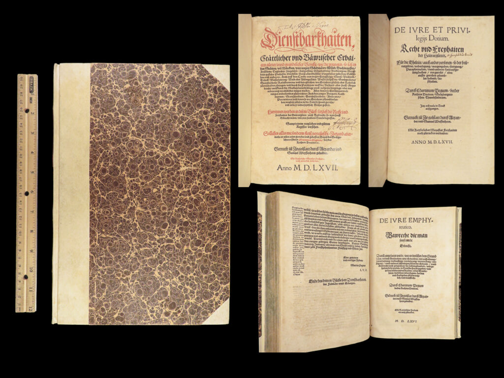 1567 bavarian law 1ed inheritance family & property german italian cipolla folio | bartholomew cipolla was a 15<sup>th</sup>-century italian diplomat known for his service to the republic of venice. He had numerous, substantial writings on inheritance law focusing on family rights, property law, and inheritance distribution all in the context of italian and bavarian traditions.   this 1567 german printing of cipolla’s “<em>state of bavarian hereditary goods</em>” was published in ingolstadt, collected and translated by german jurist martin pegie of salzburg. This work focuses on bavarian traditions of servitude, legal rights of peasants, inheritance law as it pertains to servants and property rights.