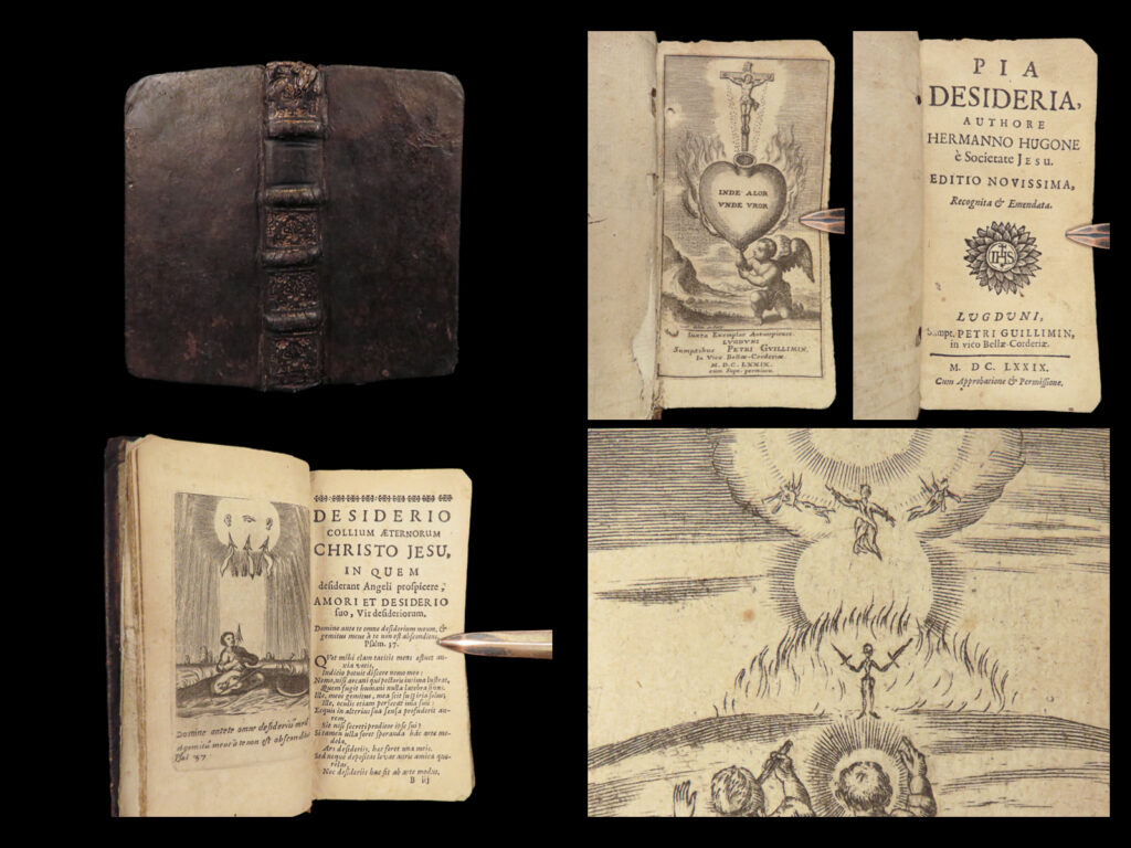 1679 emblems art pia desideria herman hugo emblemata illustrated pope urban viii | <strong><u>“the most popular religious emblem book of the 17<sup>th</sup>-century! ”</u></strong> <em> </em> herman hugo was a 17<sup>th</sup>-century jesuit who is chiefly remembered for his work ‘<em>pia desideria’</em>. This work was a spiritual emblem book and was regularly considered “the most popular emblem book of the 17<sup>th</sup>-century. ” (daly, p. 109). This highly rare and desirable work features 47 engravings of boethius van bolswert, a renowned engraver. ‘<em>pia desideria’</em> illustrates the spiritual path to salvation and offers meditative verses for love and prayer by hugo and prominent church fathers.