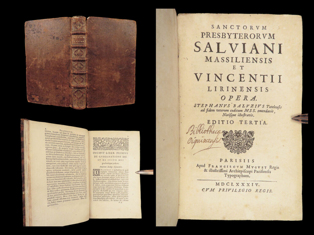 1684 fall of rome salvian gaul & vincent lerins early christian martyrdom rare | salvian was a <strong>5<sup>th</sup>-century writer</strong> who is primarily known for his two existing treatises. Salvian was a christian living in gaul during the fall of rome, and his most important work was dedicated to describing the events that lead to the fall.   this collection of the works of salvian was published in venice and includes the works of vincent of lerins, another 5<sup>th</sup>-century christian monk who wrote on roman martyrs and the heretical views of the papacy and early catholic church. This 1684 edition was collected and edited by etienne baluze.