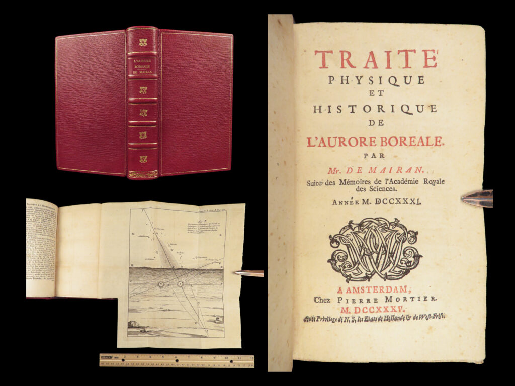 1735 aurora borealis astronomy physics zodiac beautiful binding academy sciences | ‘<em>history of the royal academy of sciences’ </em>is an 18<sup>th</sup>-century collection of essays on various scientific and philosophical topics. Also known as the french academy of sciences, this society was established to encourage scientific research and develop the interest in the sciences in france.   this volume contains essays on physics, anatomy, chemistry, astronomy, and mechanics, with notable articles on: <ul> <li>ancient views of the moon and the zodiac <ul> <li>movement of the light and the moon</li> </ul> </li> <li>on the aurora borealis, effects of the atmosphere</li> <li>lights rays, breaches of dark segments, breaking light arcs</li> <li>chronological reports of the aurora borealis</li> <li>consequences of incorrect theories of the aurora borealis</li> </ul>
