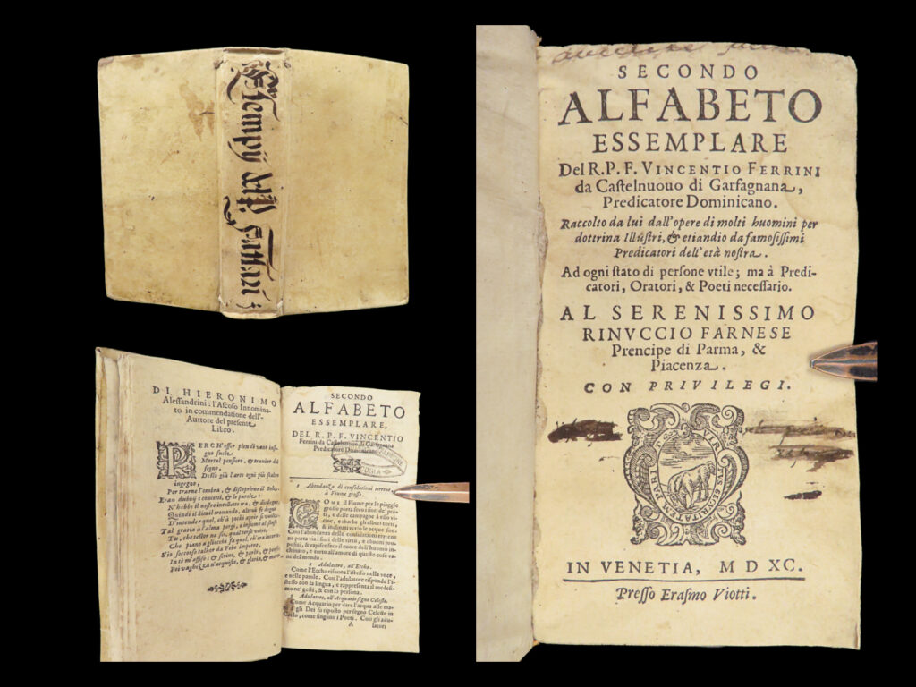 1590 spiritual warfare 1ed secondo alfabeto demons lucifer bible italian ferrini | a rare 16<sup>th</sup>-century study of language. Written by dominican priest vincenzio ferrini, “<em>secondo alfabeto essemplare</em>”, an italian dictionary-like grammar book, includes countless words and their uses in language and dialogue. Many of the words are taken directly from scripture with definitions of their use in the bible.   this 1590 first edition includes an original vellum binding.
