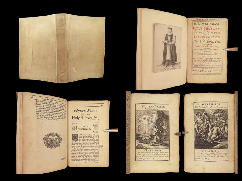 1720 saints history of church holidays christmas easter good friday england | <em> </em> thomas brodrick’s “<em>historia sacra</em>” is a rare, 18<sup>th</sup>-century history of the use of holidays, feasts, and ceremonies in the church of england. Also known as “<em>the holy history</em>”, this book describes each of the important days in the liturgical calendar including sabbath, or the lord’s day, christmas, innocents day, palm sunday, good friday, easter, pentecost, and many others. It also describes the conversion of saint paul, and the feast days of iconic saints – barnabas, philip, john, bartholomew, peter, etc.   this 18<sup>th</sup>-century printing is beautifully bound in impressive vellum.