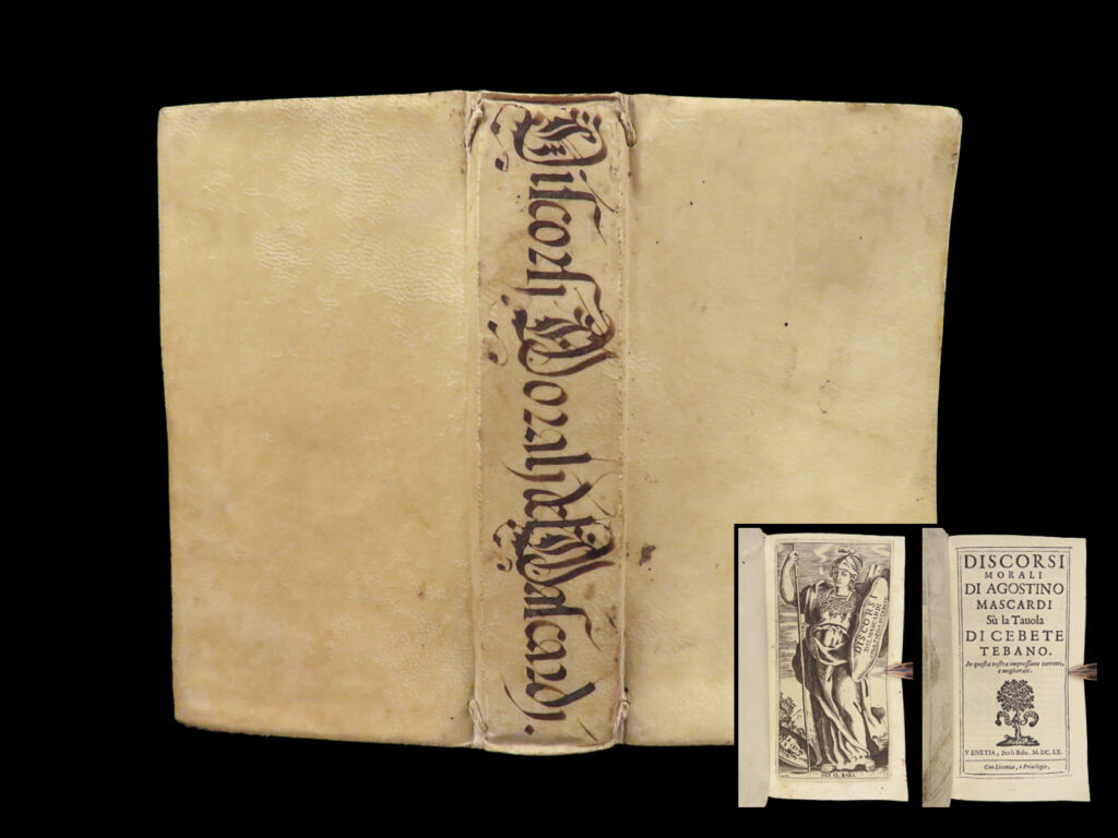 1660 table of cebes mascardi discourses stoic greek philosophy cebetis tabula | a rare, late 17<sup>th</sup>-century printing of ‘<em>the table’</em> by ancient greek philosopher cebes. The original work, written during the time of socrates, is a dialogue taking place in a temple between two individuals contemplating the representation of symbols and allegory in art found on a tablet.   17<sup>th</sup>-century italian author agostino mascardi wrote an extensive collection of moral discourses based on ‘<em>the table’</em> of cebes. This 1660 edition of mascardi was published in venice and includes an added, engraved title page.